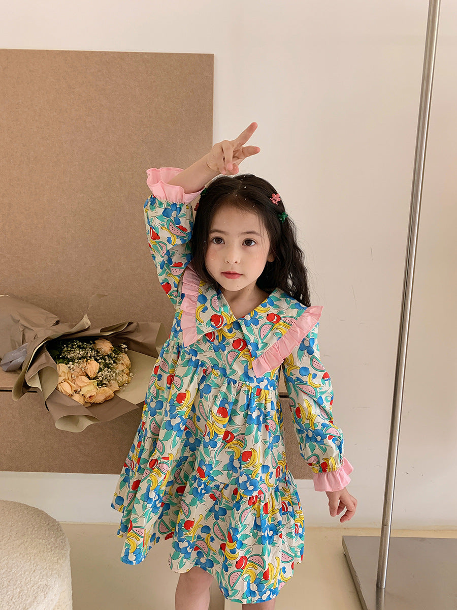 [507691] - Dress Kerah Lengan Panjang Anak Perempuan - Motif Fruit Flowers