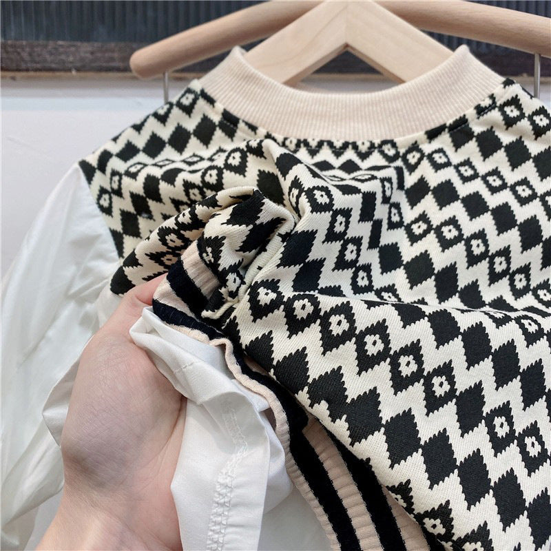 [363557] - Oneset Anak Cewek Korea Elegan Look Setelan Blouse Rajut Balon Sweater Celana Panjang Cutbray Anak Perempuan - Motif Diamond Line