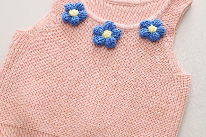 [340322] - Setelan 3 in 1 Sweater Rompi Celana Jenas Anak Perempuan - Motif Chest Flower