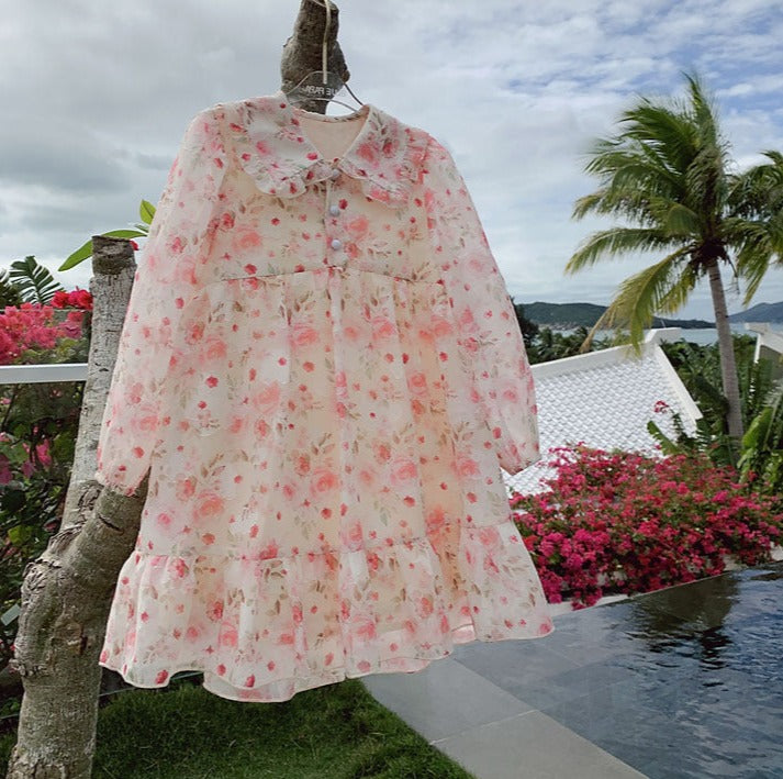 [507676] - Long Dress Lengan Panjang Anak Perempuan - Motif Faint Flower