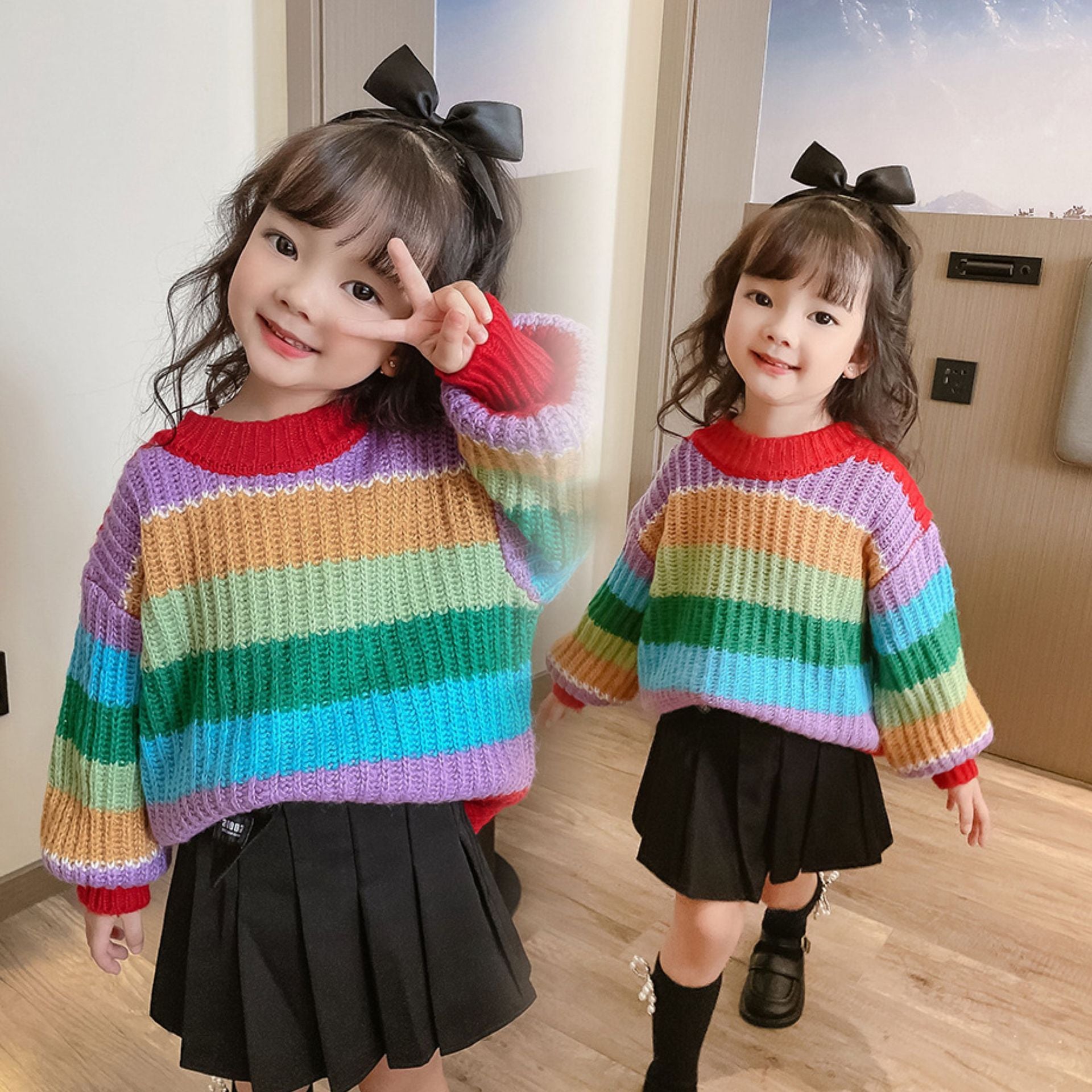 [507730] - Atasan Sweater Rajut Oversize Anak Perempuan - Motif Knitting Rainbow