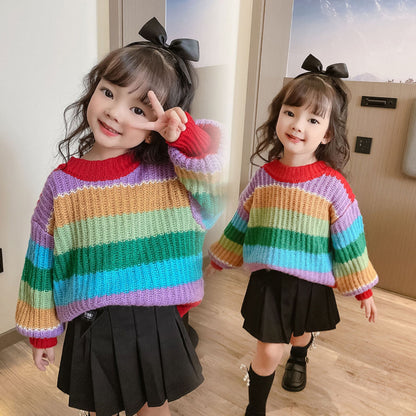 [507730] - Atasan Sweater Rajut Oversize Import Anak Perempuan - Motif Knitting Rainbow