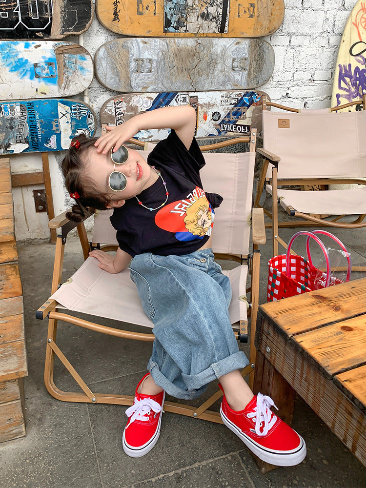 [507656] - Celana Panjang Jeans Kulot Oversize Anak Perempuan - Motif Tilt Button