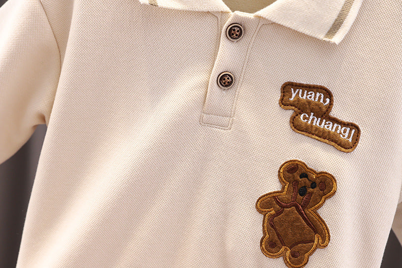 [345337] - Setelan Polo Kerah Bordir Lengan Panjang Celana Chino Anak Laki-Laki - Motif Plain Bear