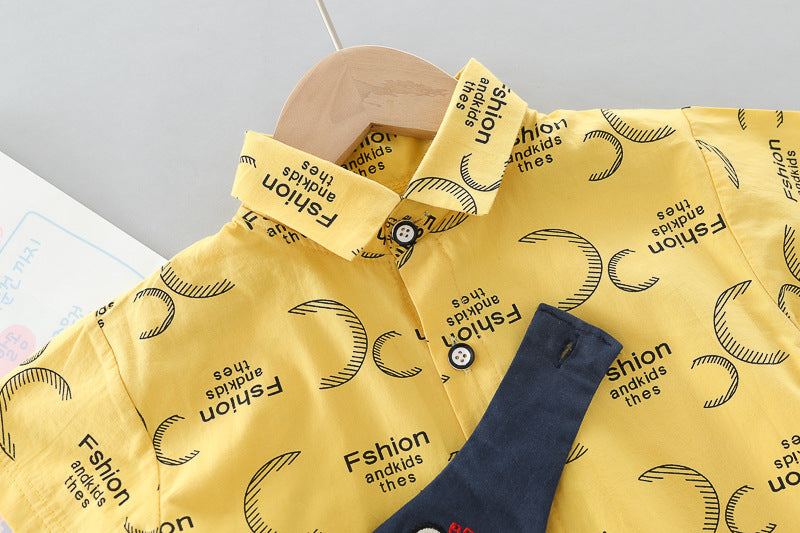 [345382] - Setelan Kemeja Celana Pendek Denim Anak Laki-Laki - Motif Little Bear