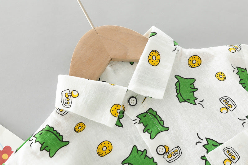 [345380] - Setelan Kemeja Celana Pendek Denim Anak Laki-Laki - Motif Dino Donuts