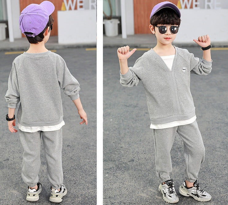 [119358] - Setelan Sweater V Neck Celana Panjang Jogger Anak Cowok - Motif Casual Plain