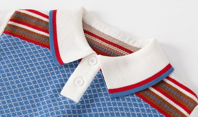 [513636] - Atasan Sweater Rajut Kerah Polo Import Anak Laki-Laki - Motif Striped Scales