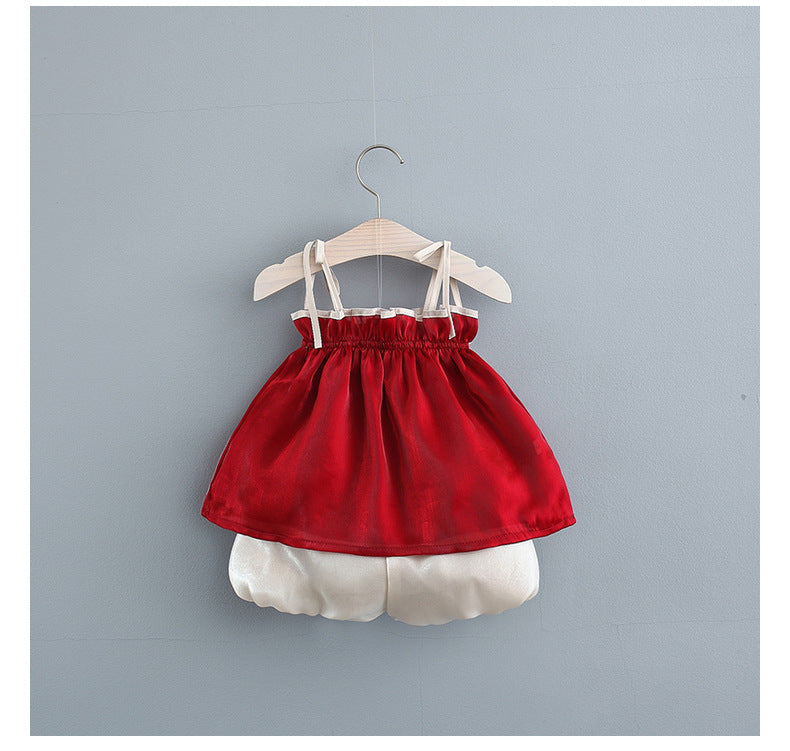 [340256] - Setelan Blouse Kutung Celana Pendek Anak Perempuan - Motif Plain Ribbon