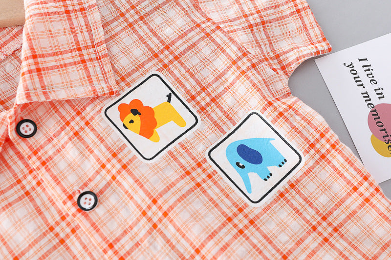 [345381] - Setelan Kemeja Celana Pendek Chino Anak Laki-Laki - Motif Box Beast