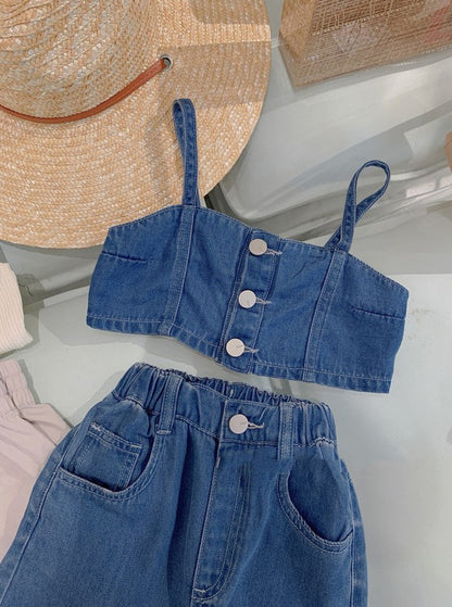 [507652] - Setelan Crop Top Celana Kulot Jeans Import Anak Perempuan - Motif Plain Denim