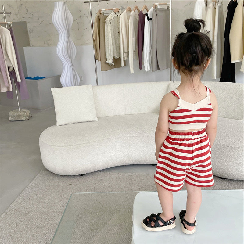 [507667] - Setelan Crop Top Celana Pendek Anak Perempuan - Motif Striped Line