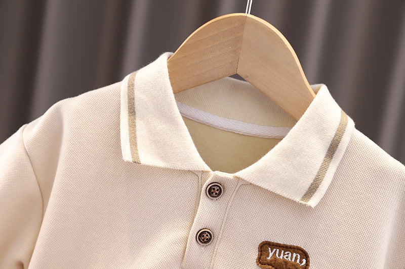 [345337] - Setelan Polo Kerah Bordir Lengan Panjang Celana Chino Anak Laki-Laki - Motif Plain Bear