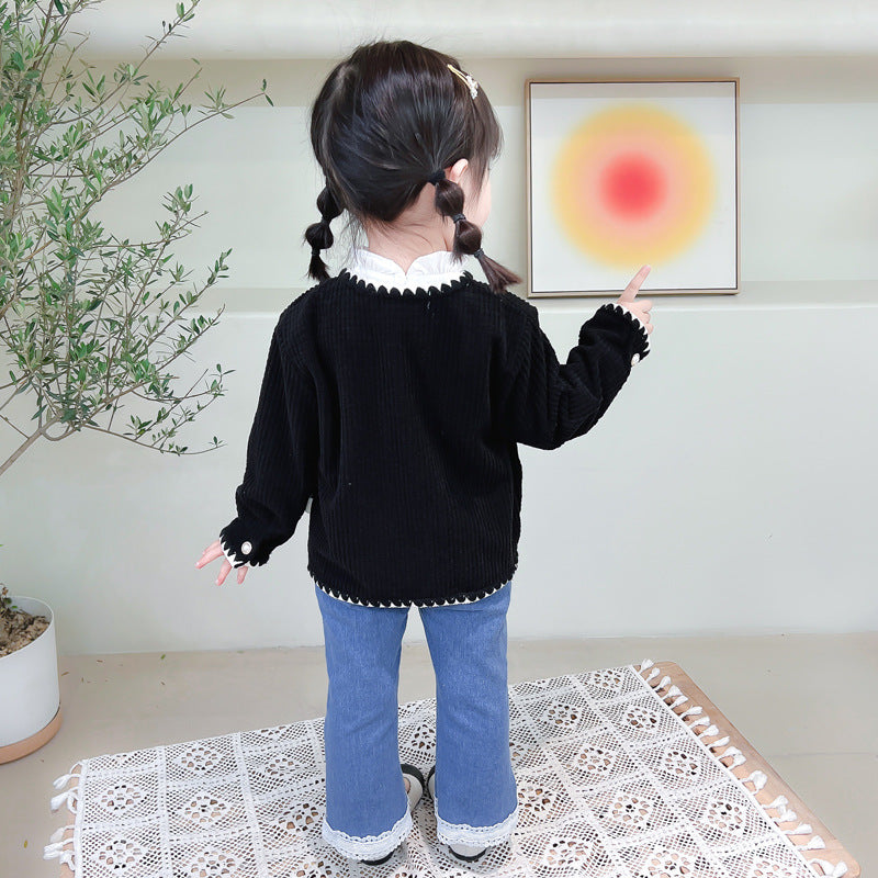 [340220] - Setelan 3 in 1 Jaket Cardigan Celana Panjang Jeans Anak Cewek - Motif Zigzag side