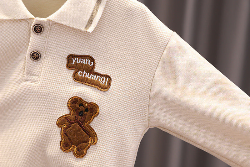 [345337] - Setelan Polo Kerah Bordir Lengan Panjang Celana Chino Anak Laki-Laki - Motif Plain Bear