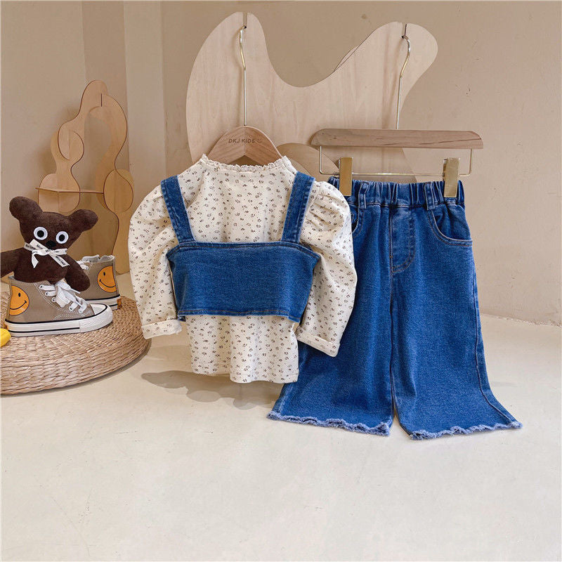 [363572] - Setelan 3 in 1 Blouse Rompi Celana Denim Kulot Rawis Anak Perempuan - Motif Little Flower