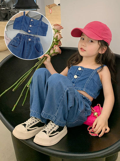 [507652] - Setelan Crop Top Celana Kulot Jeans Import Anak Perempuan - Motif Plain Denim