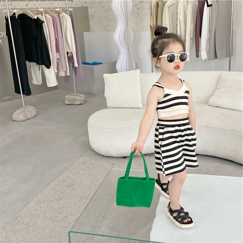 [507667] - Setelan Crop Top Celana Pendek Anak Perempuan - Motif Striped Line