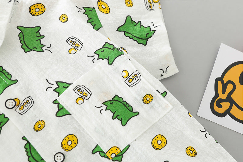[345380] - Setelan Kemeja Celana Pendek Denim Anak Laki-Laki - Motif Dino Donuts