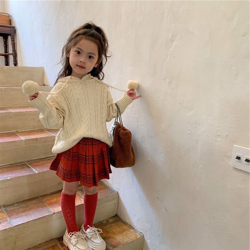 [507672] - Atasan Sweater Rajut Hoodie Anak Perempuan - Motif Big Pom Poms
