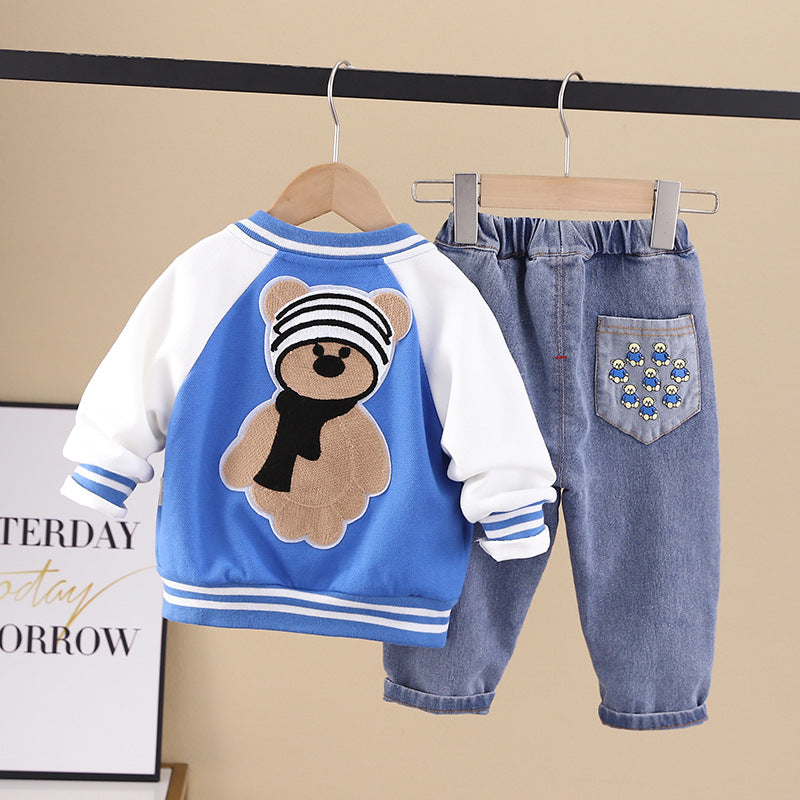 [345350] - Setelan 3 in 1 Jaket Baseball Celana Panjang Jeans Anak Laki-Laki - Motif Shawl Bear