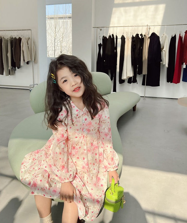 [507676] - Long Dress Lengan Panjang Anak Perempuan - Motif Faint Flower