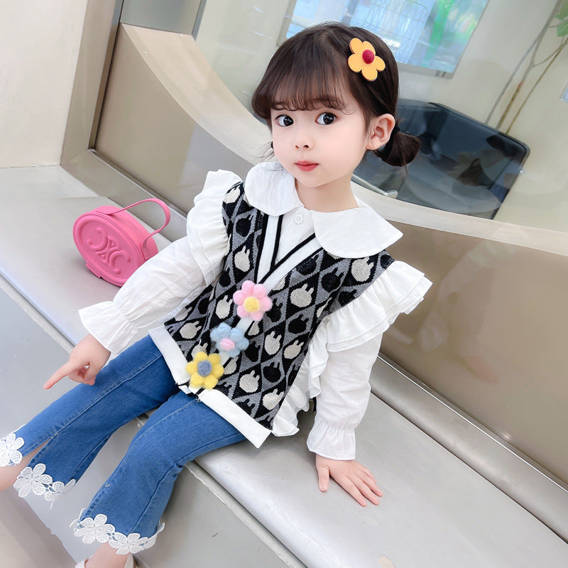 [340224] - Setelan 3 in 1 Blouse Rompi Rajut Celana Panjang Anak Perempuan - Motif Square Flower