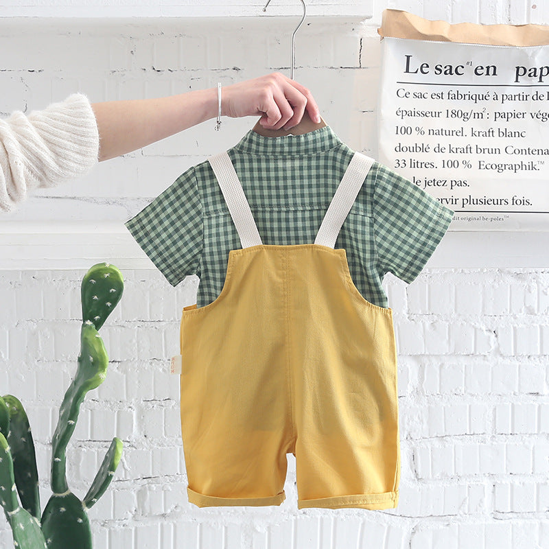 [345386] - Setelan Kemeja Kotak-Kotak Overall Kodok Chino Anak Laki-Laki - Motif Small Box