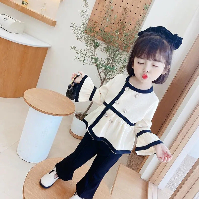 [507714] - Setelan Blouse Kancing Celana Cutbray Anak Perempuan - Motif Line Button