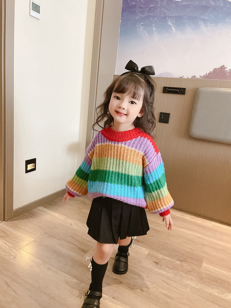 [507730] - Atasan Sweater Rajut Oversize Anak Perempuan - Motif Knitting Rainbow