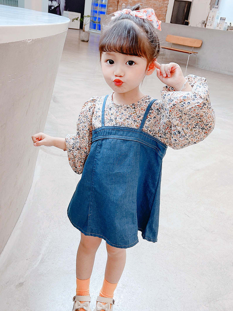 [363419] - Dress Fashion Anak Perempuan Import - Motif Denim Flower