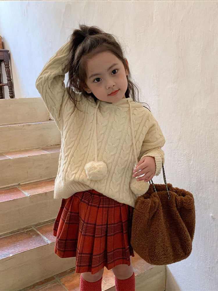 [507672] - Atasan Sweater Rajut Hoodie Anak Perempuan - Motif Big Pom Poms