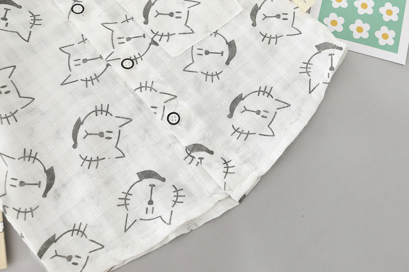 [345379] - Setelan Kemeja Celana Pendek Chino Anak Laki-Laki - Motif Spotted Cat