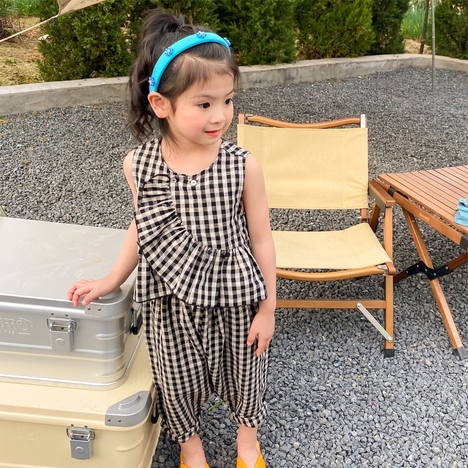 [507659] - Setelan Blouse Lengan Kutung Kotak-Kotak Anak Perempuan - Motif Balloon Pants