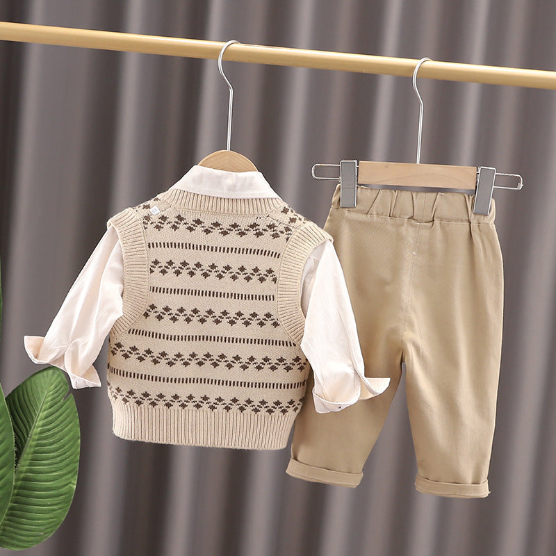 [340316] - Setelan 3 in 1 Kemeja Jaket Cardigan Celana Chino Anak Laki-Laki - Motif Pattern