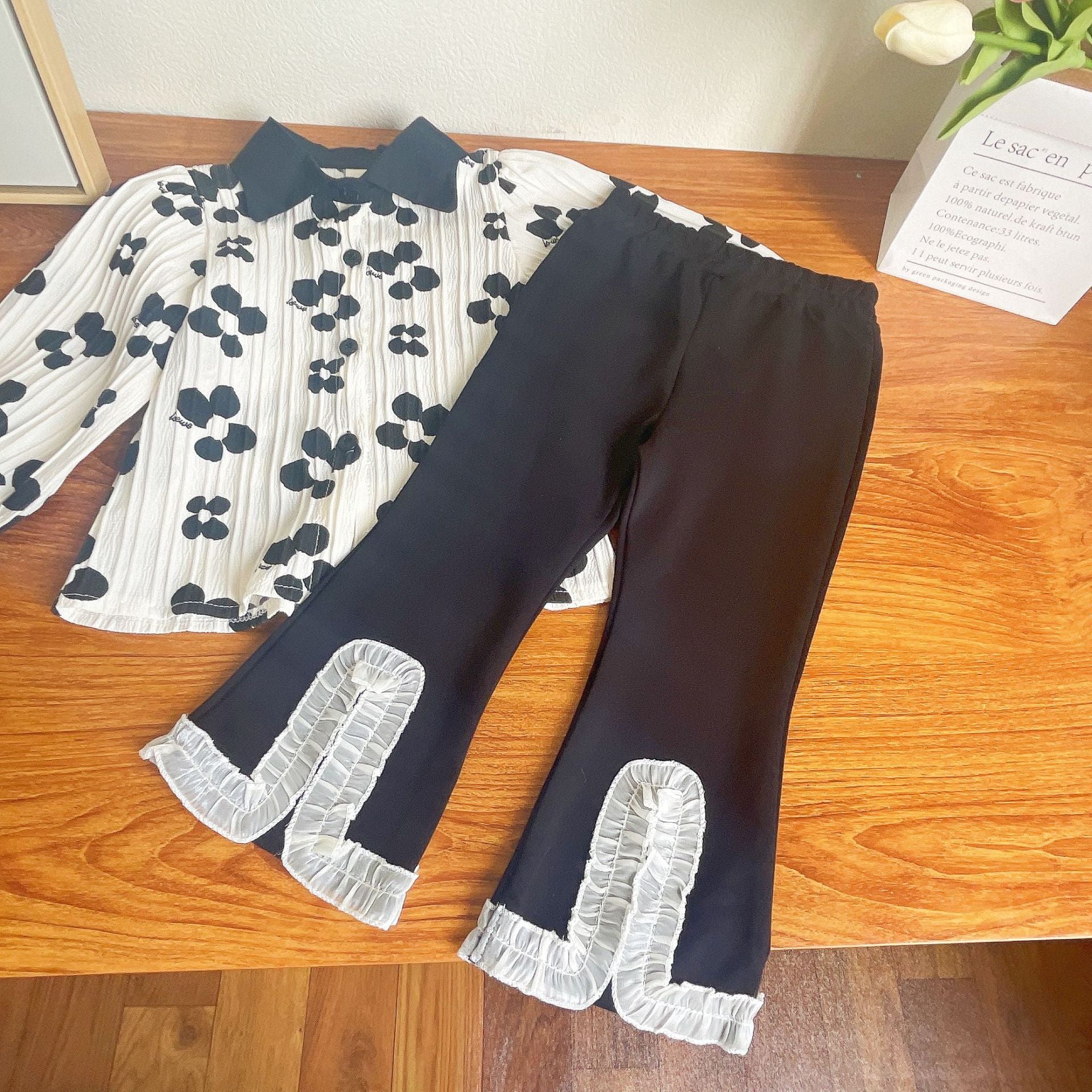 [363592] - Oneset Korea Anak Cewek Setelan Polo Blouse Celana Panjang Cutbray Anak Perempuan - Motif Flower Petals