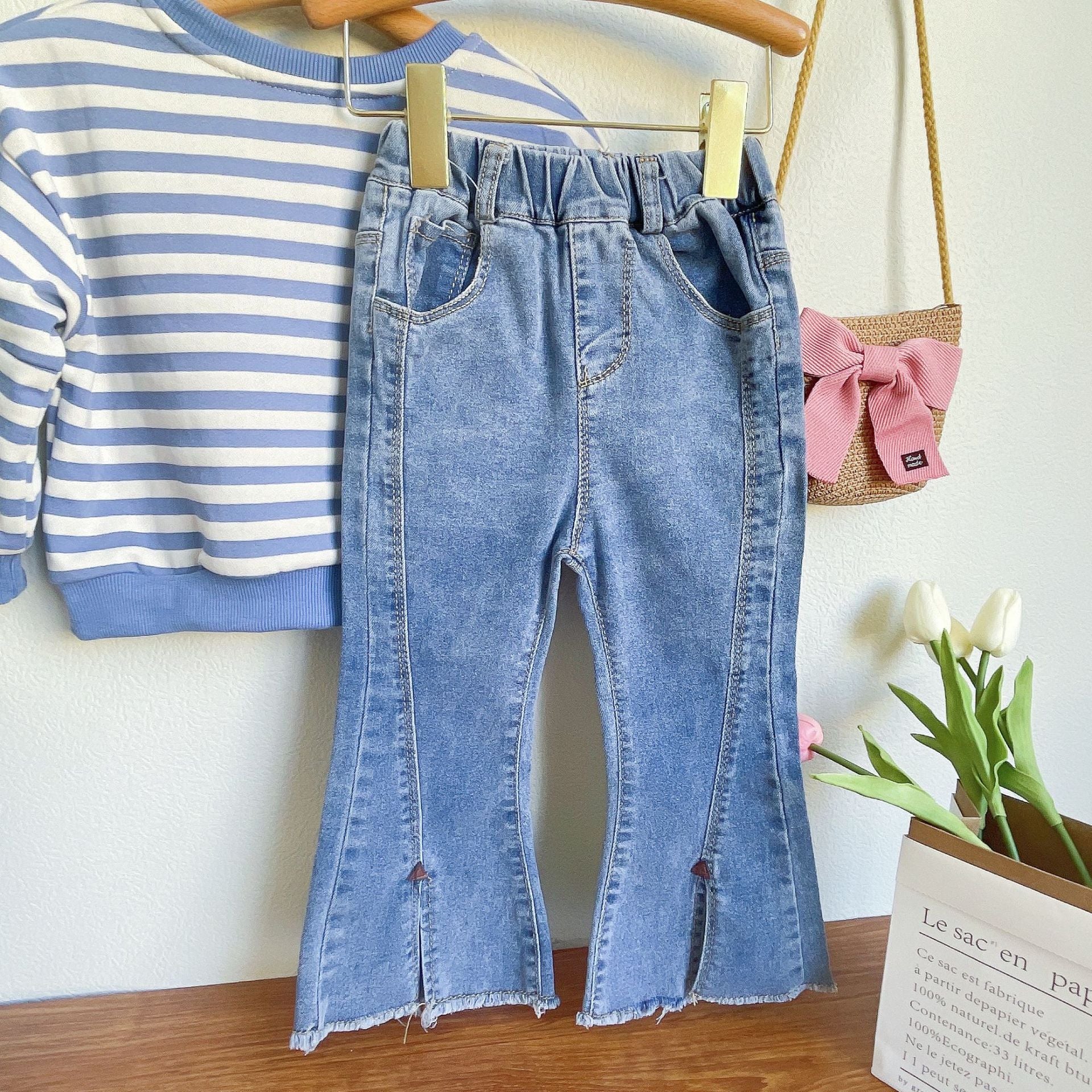 [363604] - Setelan Sweater Blouse Lengan Bolong Jeans Cutbray Anak Perempuan - Motif Striped