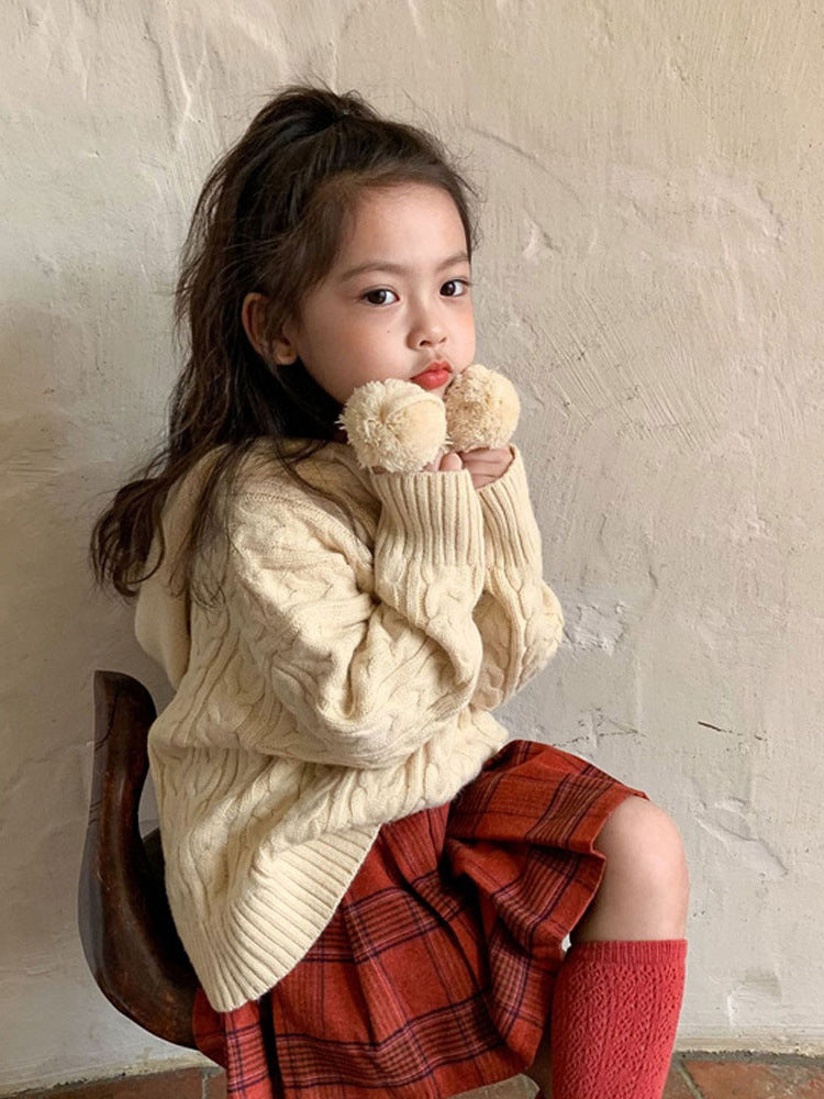 [507672] - Atasan Sweater Rajut Hoodie Anak Perempuan - Motif Big Pom Poms