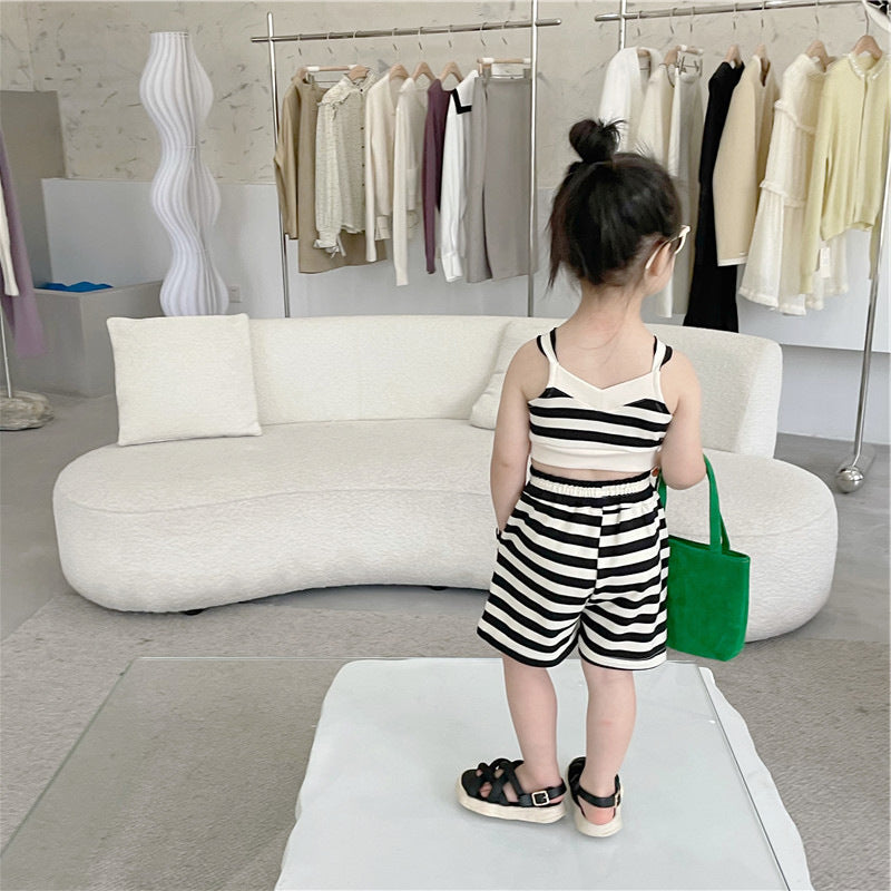 [507667] - Setelan Crop Top Celana Pendek Import Anak Perempuan - Motif Striped Line