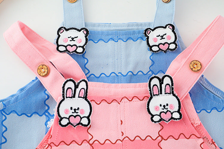 [340213] - Setelan Blouse Bordir Overall Kodok Anak Perempuan - Motif Love Rabbit