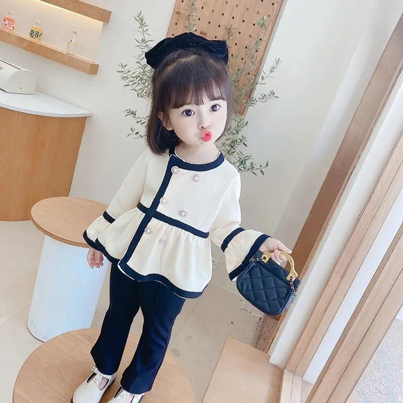 [507714] - Setelan Blouse Kancing Celana Cutbray Anak Perempuan - Motif Line Button