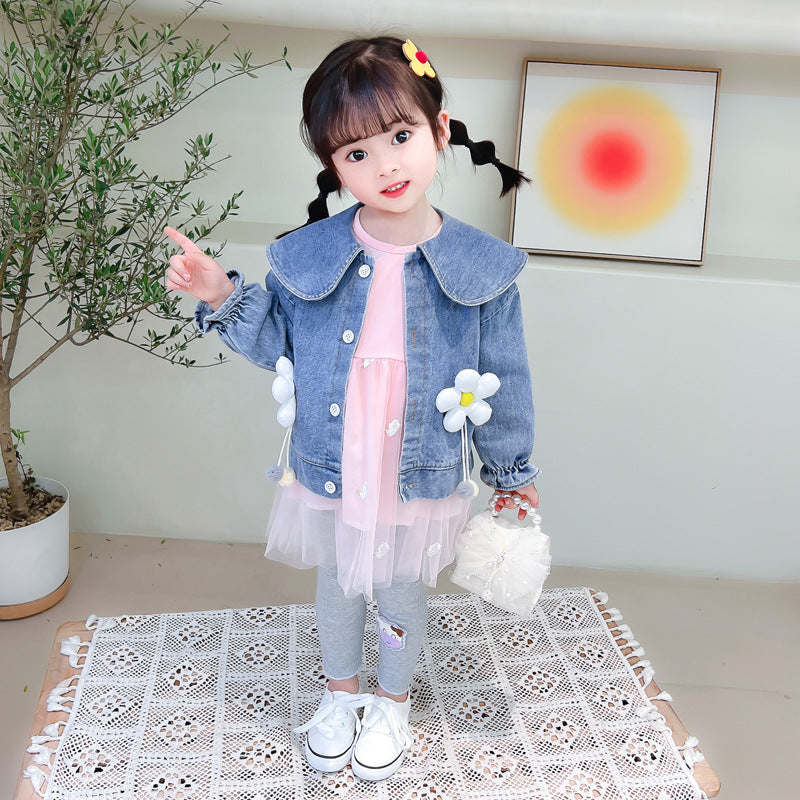 [340225] - 3D Setelan 3 in 1 Jaket Jeans Dress Celana Panjang Anak Perempuan - Motif Pretty Flower