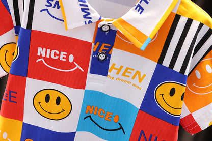 [345373] - Setelan Kaos Polo Kerah Celana Pendek Denim Import Anak Laki-Laki - Motif Nice Smile