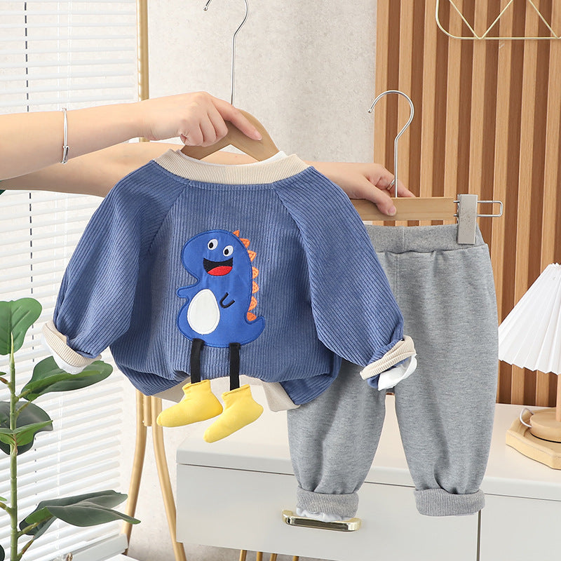 [345334] - Setelan 3 in 1 Jaket Resleting 3D Celana Panjang Jogger Anak Laki-Laki - Motif Beg Dino