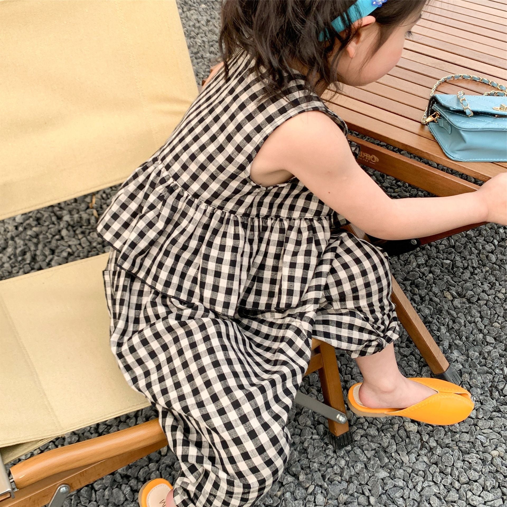[507659] - Setelan Blouse Lengan Kutung Kotak-Kotak Anak Perempuan - Motif Balloon Pants