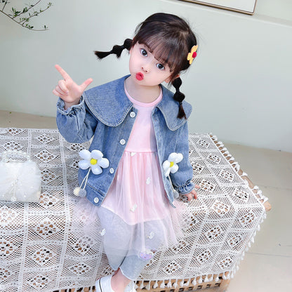 [340225] - 3D Setelan 3 in 1 Jaket Jeans Dress Celana Panjang Anak Perempuan - Motif Pretty Flower