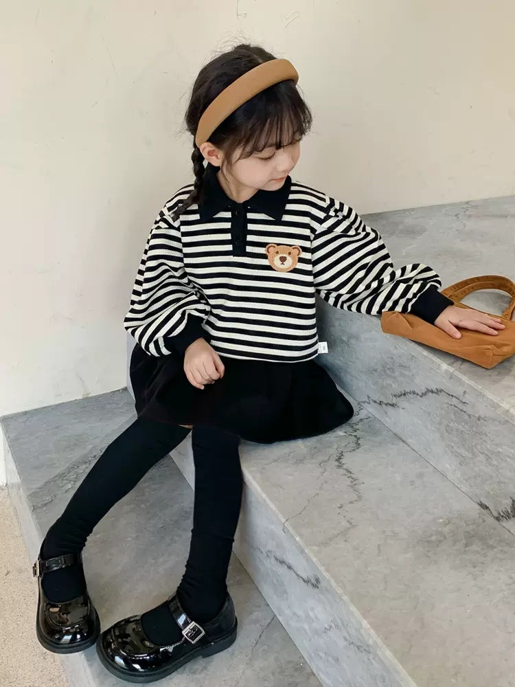 [363599] - Setelan Anak Cewek Baju Fashion Polo Kerah Bordir Bawahan Rok Anak Perempuan - Motif Line Bear