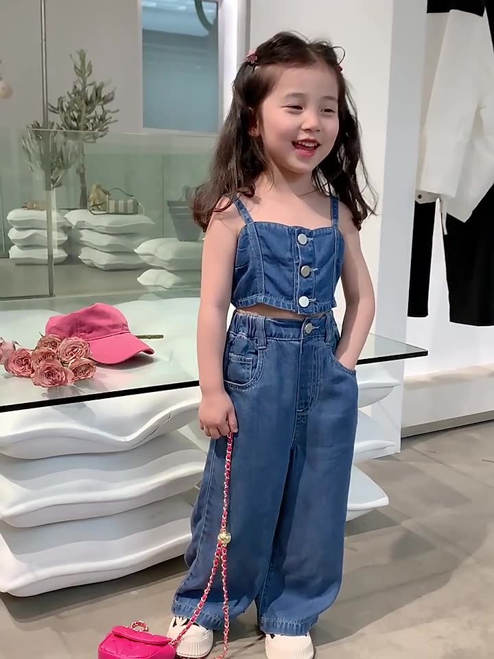[507652] - Setelan Crop Top Celana Kulot Jeans Import Anak Perempuan - Motif Plain Denim