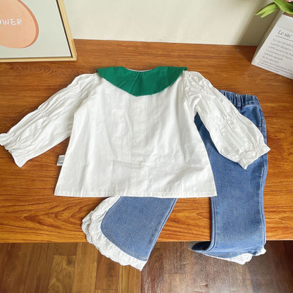 [363586] - Setelan Blouse Celana Panjang Jeans Renda Import Anak Perempuan - Motif Ribbon Girl