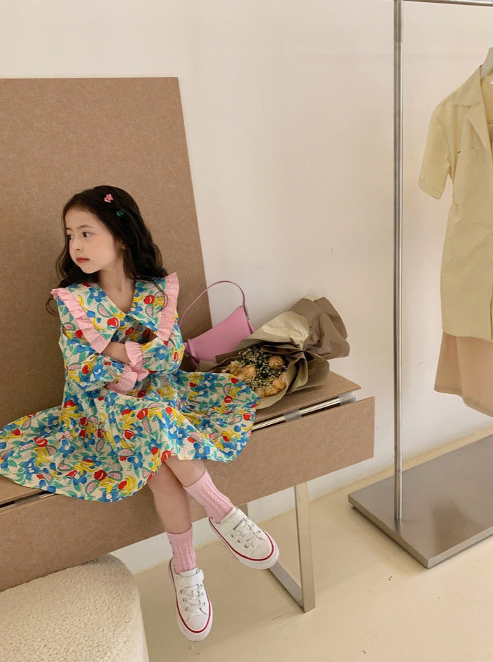 [507691] - Dress Kerah Lengan Panjang Anak Perempuan - Motif Fruit Flowers